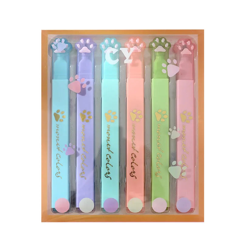 Cat's Paw fluorescent marker pen set showing six coloured pens with oblique tips