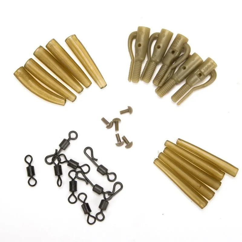European carp fishing 30 piece accessory set showing anti-winding pipes, threaded hoses, rotations, and screws