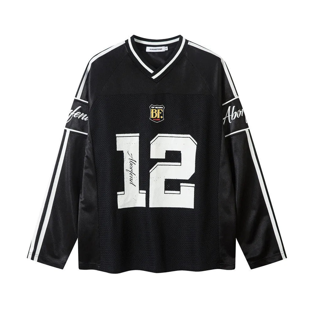 Digital printed long-sleeved polyester t-shirt with contrast colour V-neck in loose fit pullover style