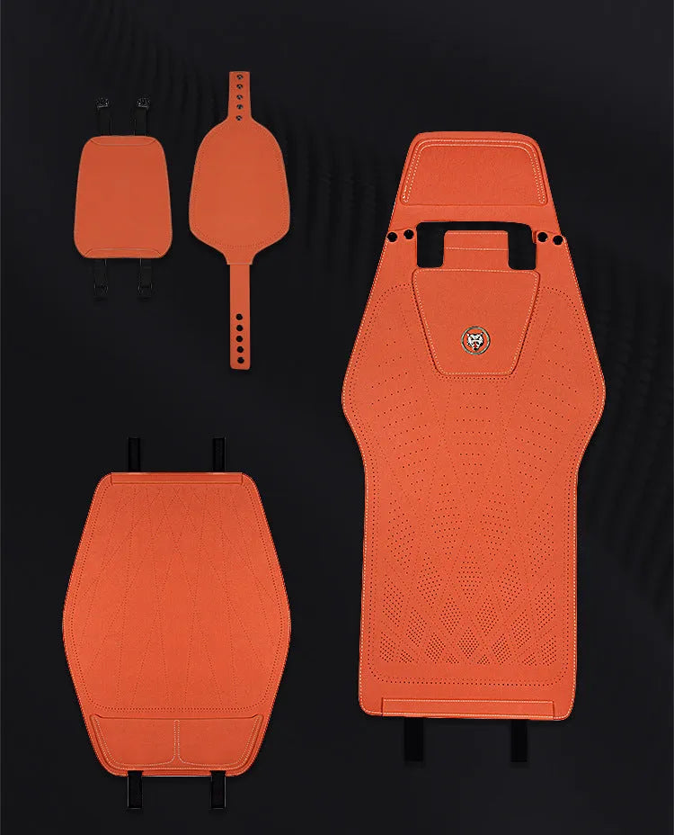 Tailored leather ultra thin car seat cover in Hermes Orange with gradient drilling detail