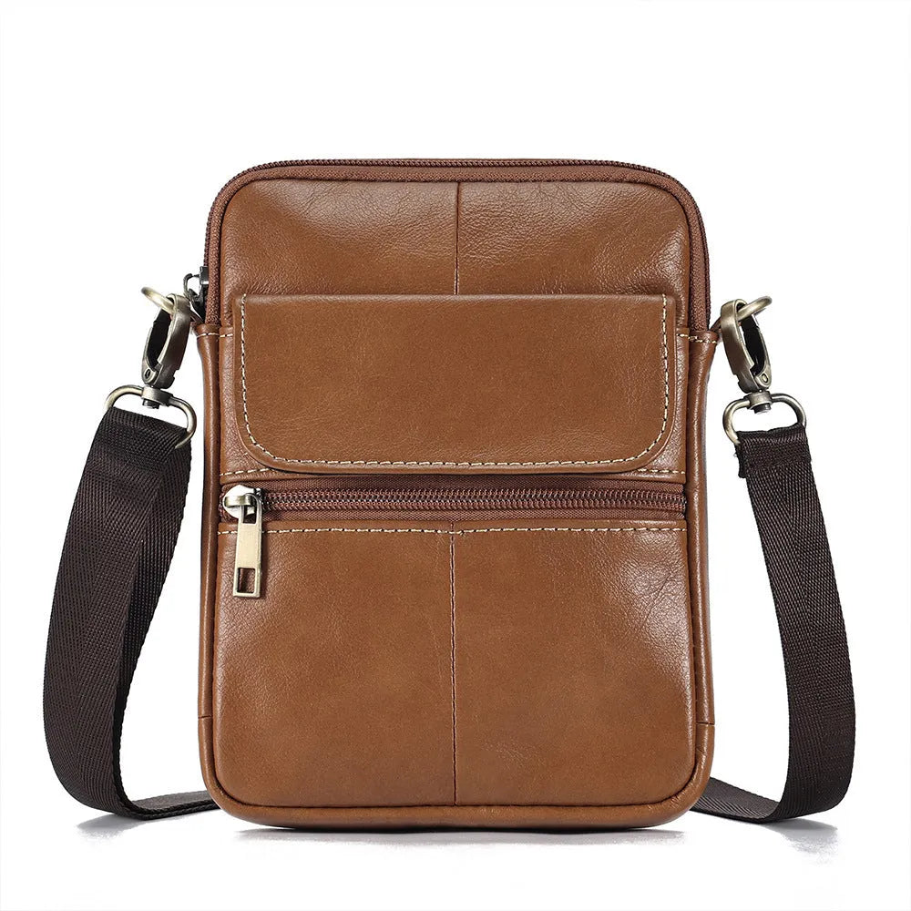 Men's genuine first layer cowhide crossbody shoulder bag in solid color with sewing line detail