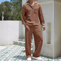 Men's casual shirt and trouser suit set in polyester fabric available in four colours.