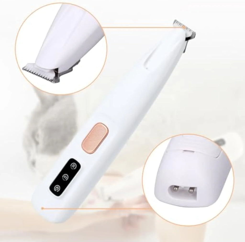 White rechargeable dog paw trimmer with LED light for precise grooming around pet paw pads