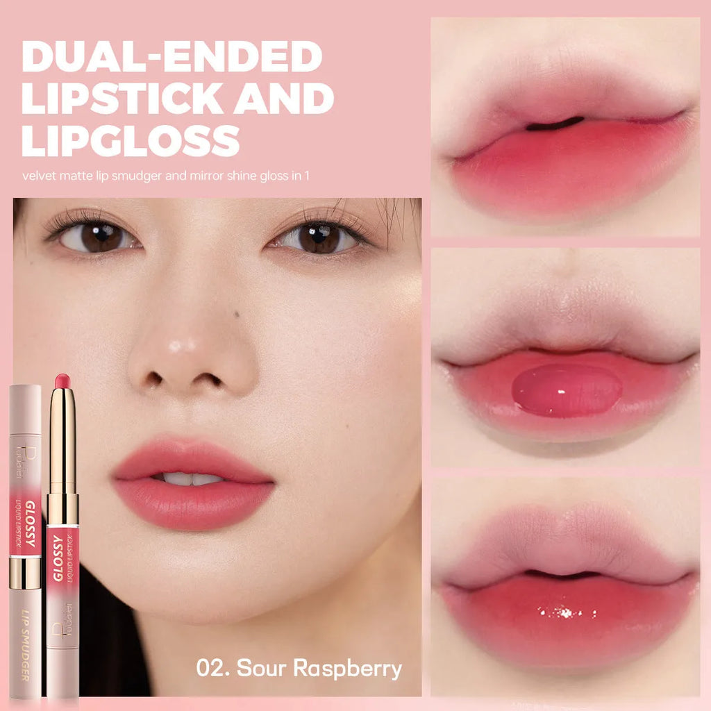Double-headed lipstick and lip gloss product showing matte colour and gloss components