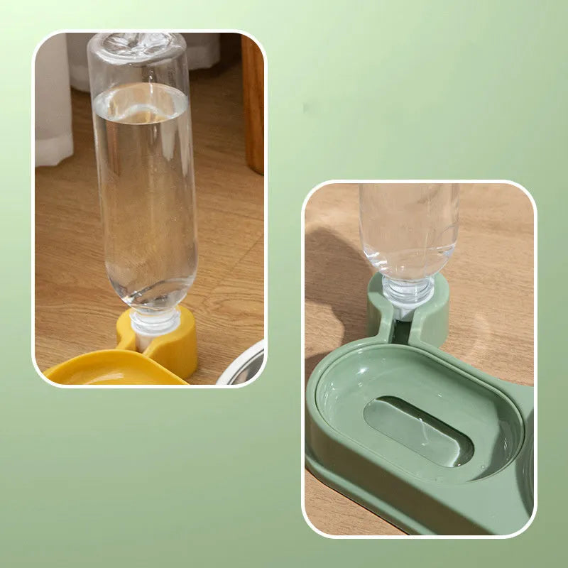 Brown elevated cat bowl set with automatic water bottle and curved food dish