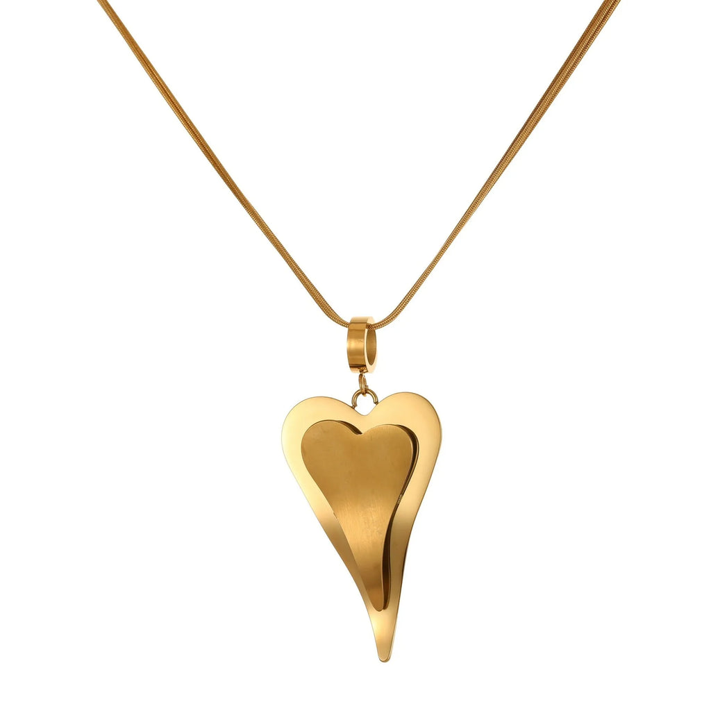 Stainless steel women's necklace with geometric double heart pendant and snake bones chain in gold or steel finish
