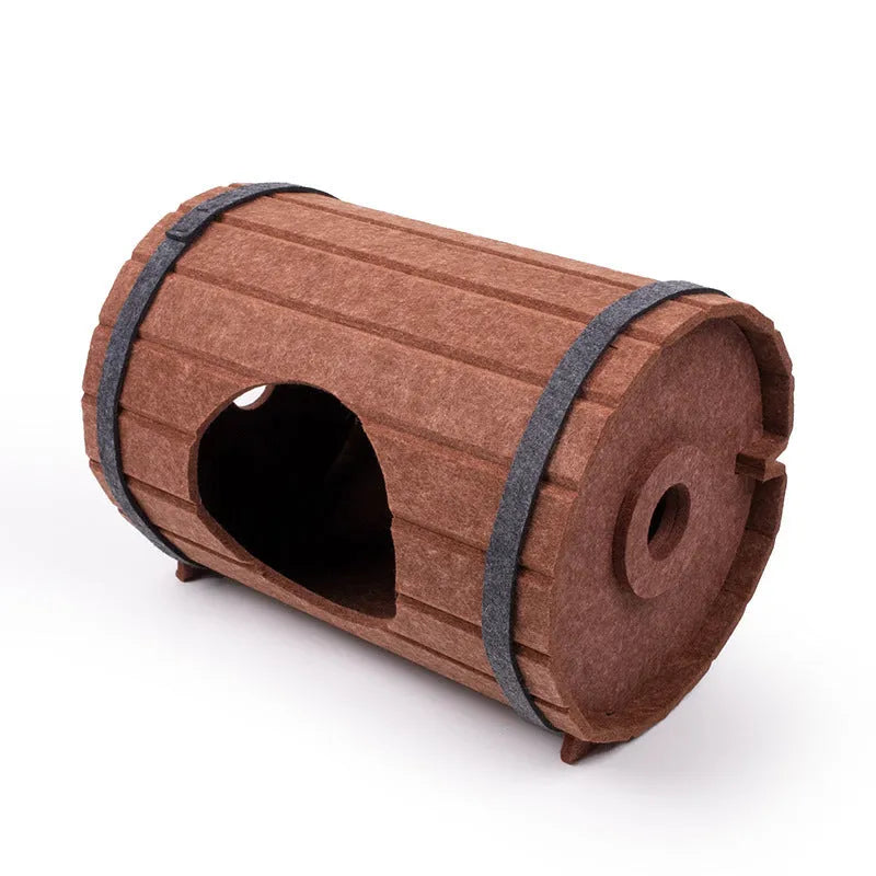 DIY assembled wine barrel shaped cat bed made from grey polyester felt panels.