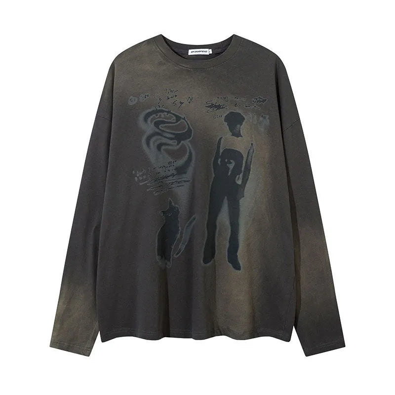 Women's loose dark grey cotton pullover top with letter print and drop shoulder long sleeves
