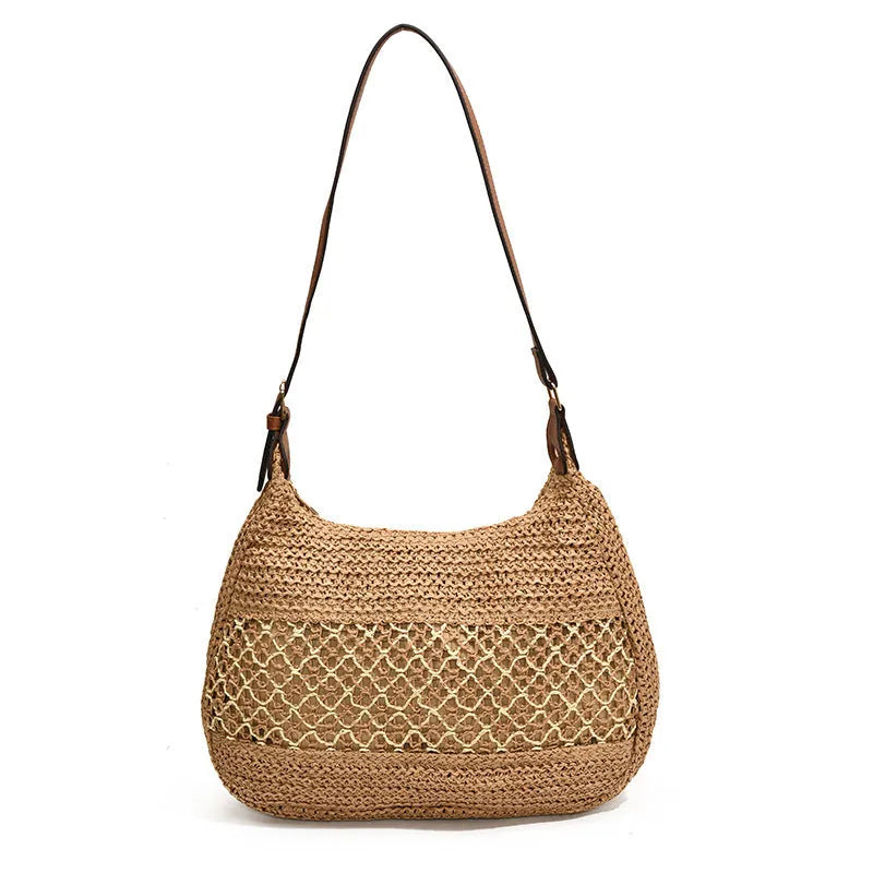 Women's straw cross body bag in horizontal square shape with sandwich pockets, shown in khaki colour