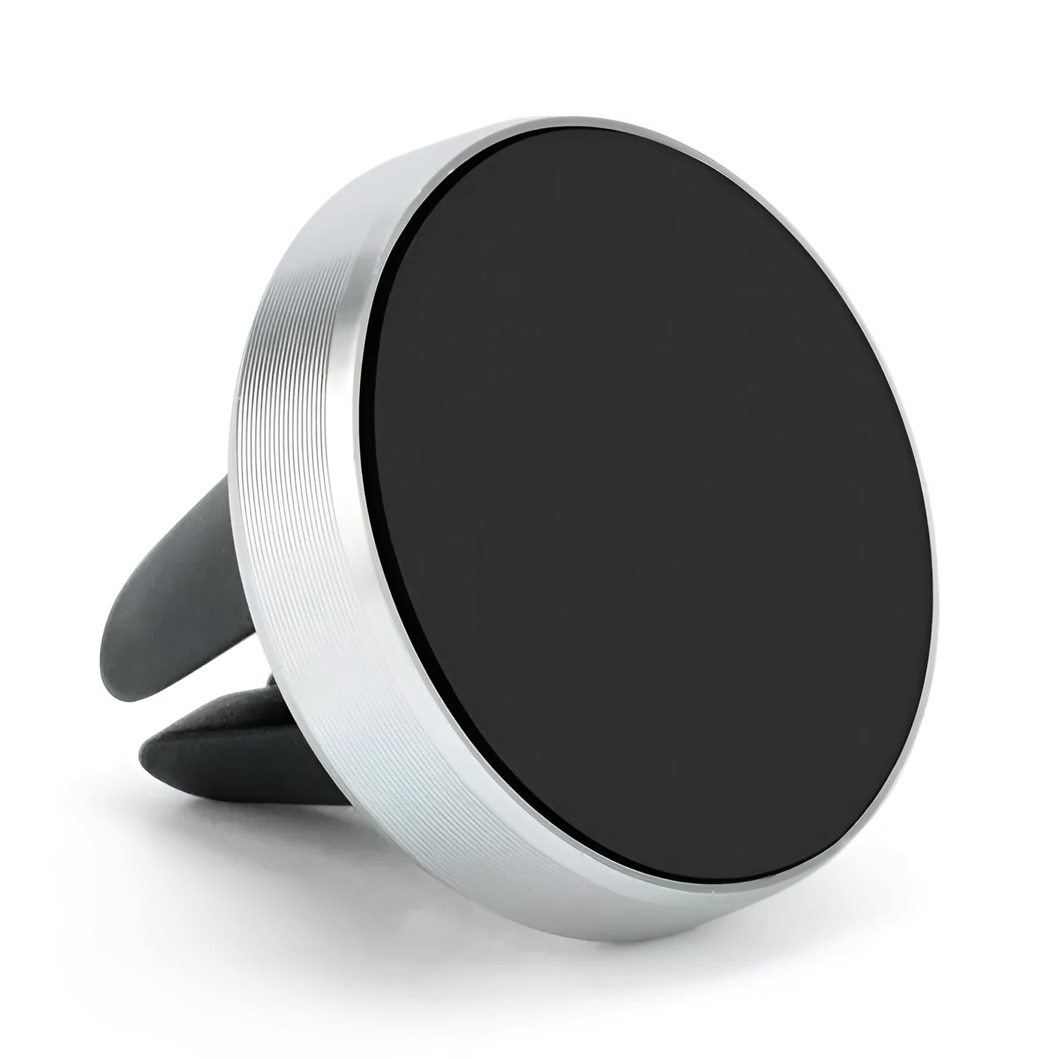Magnetic car phone holder mounted on vehicle air vent in silver colour