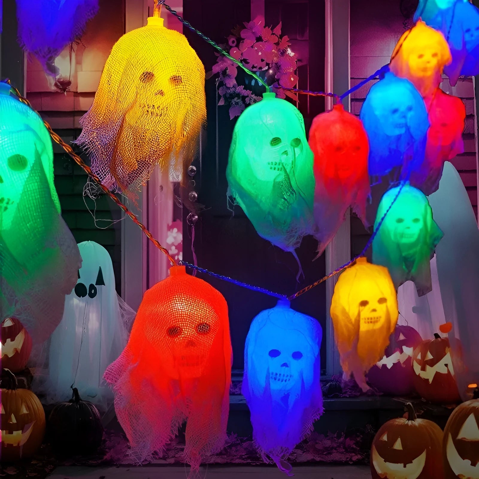 Halloween battery-powered coloured LED light strings for indoor wall decoration in two length options