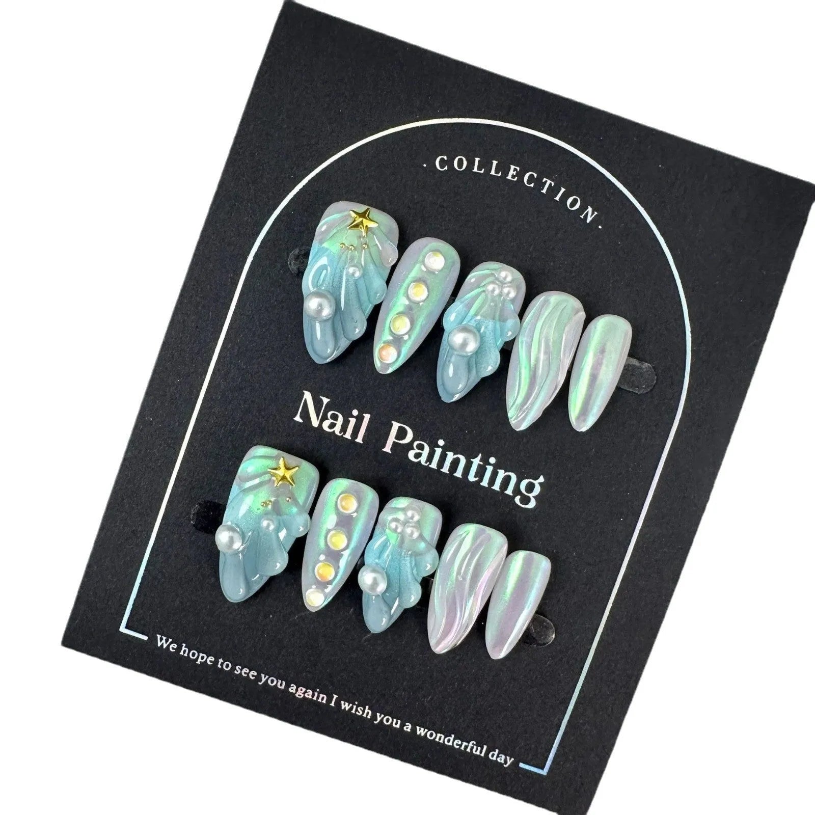 Blue plastic false nail shells for women in XS, S, M, and L sizes.