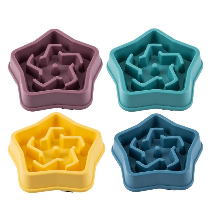 Yellow plastic slow feed dog bowl with raised internal ridges measuring 20.1 cm across
