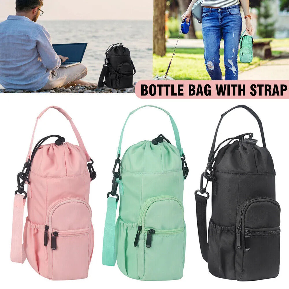 Cloth water bottle pouch with an adjustable crossbody strap in black, green, and pink colour options.