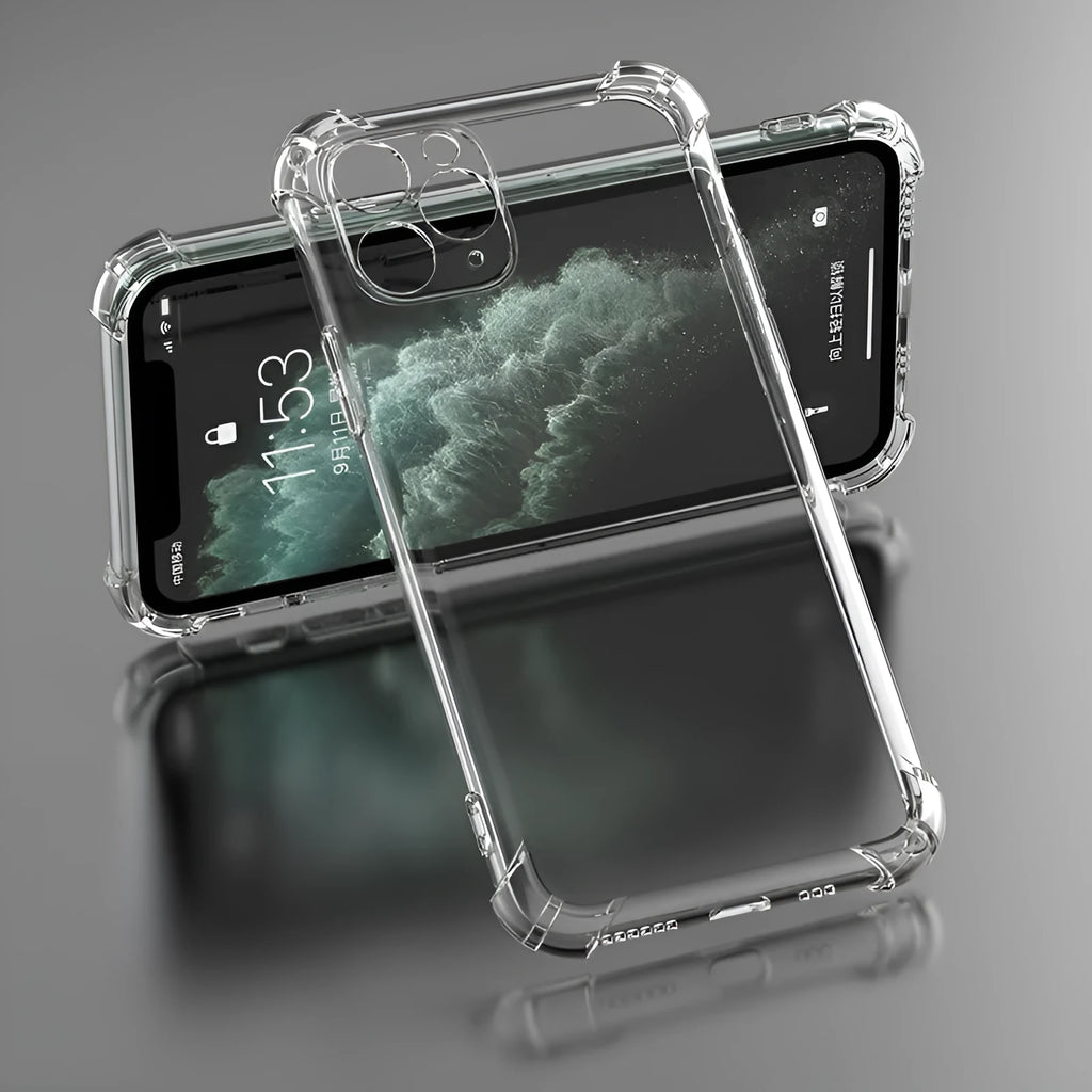 Clear transparent shockproof TPU case for iPhone on a table