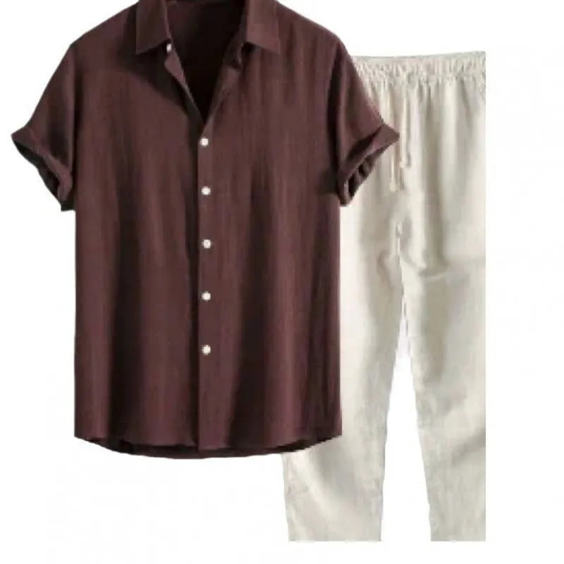 Man wearing a beige loose-fit linen-look short sleeve shirt and matching trousers from a casual suit.