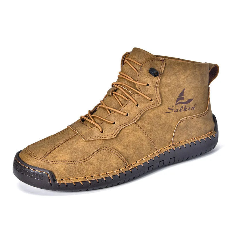 Retro high-top casual boots in beige with elastic band and flat heel