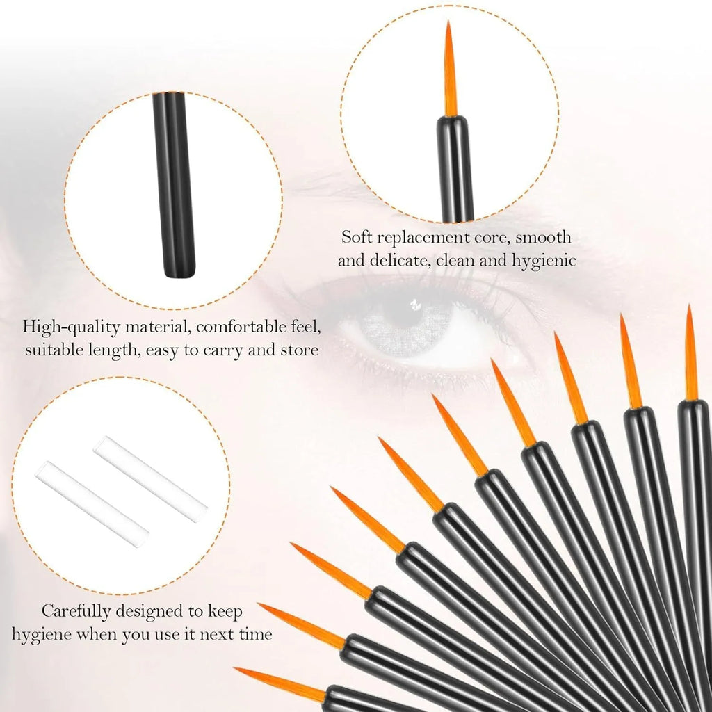 Pack of 100 black disposable eyeliner brushes with fine fibre tips and clear plastic protective sleeves