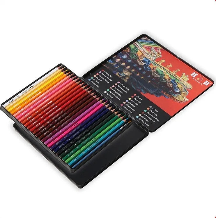 Metal tin open to show 24 water-soluble coloured pencils and a brush for painting techniques.