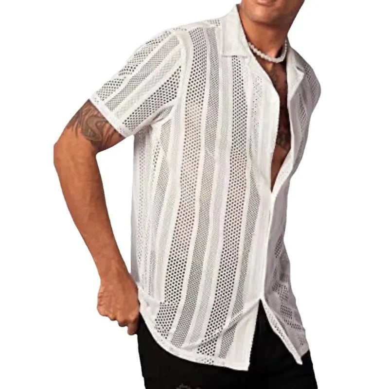 Men's black knitted short-sleeved shirt with jacquard texture and button front in cardigan style