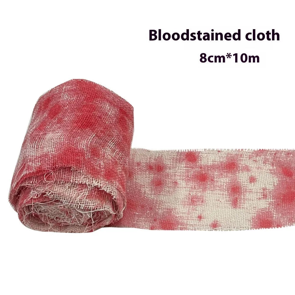 Roll of red dyed polyester gauze bandage for Halloween horror costumes and decorations.
