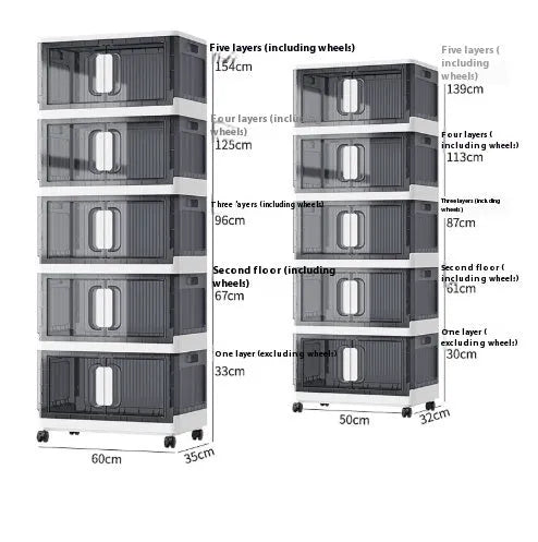 Foldable household storage locker with wheels in white or grey, showing shelf layers and door.