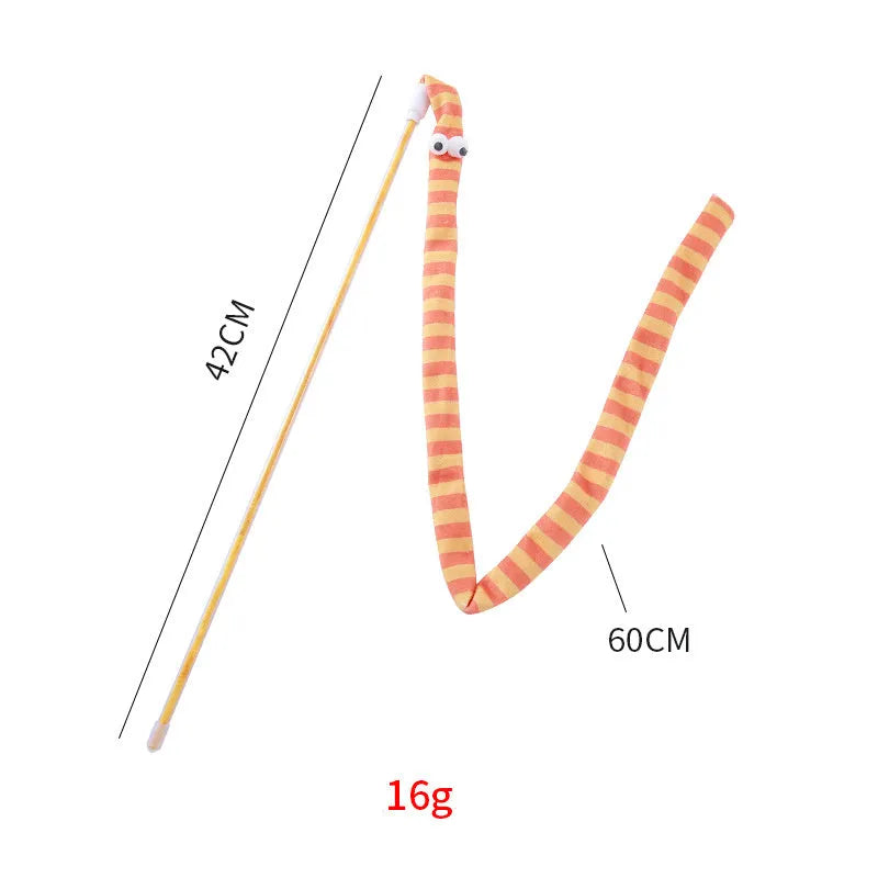 Green cat wand toy with long plush strip on a polycarbonate pole, shown mid-swing.
