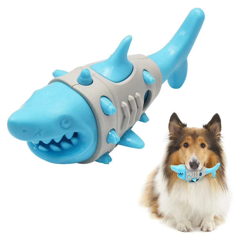 Blue, grey, and yellow dog teething toy with shark-tooth cleaning mimicry design