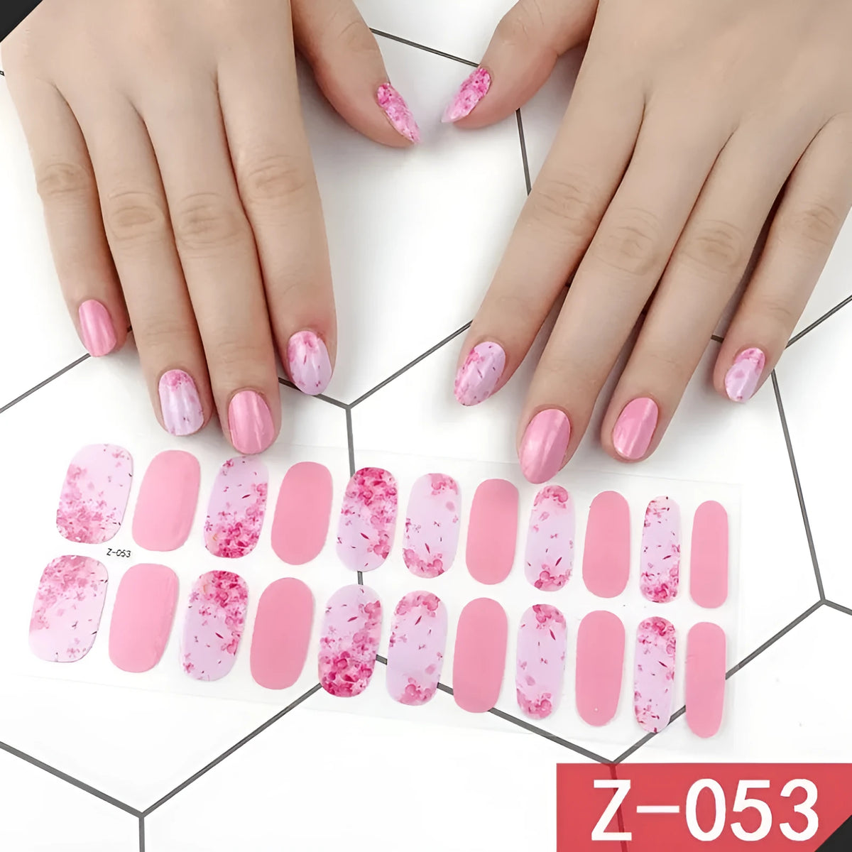 Korean nail stickers pack showing cartoon, floral, and embossed designs with a nail file.