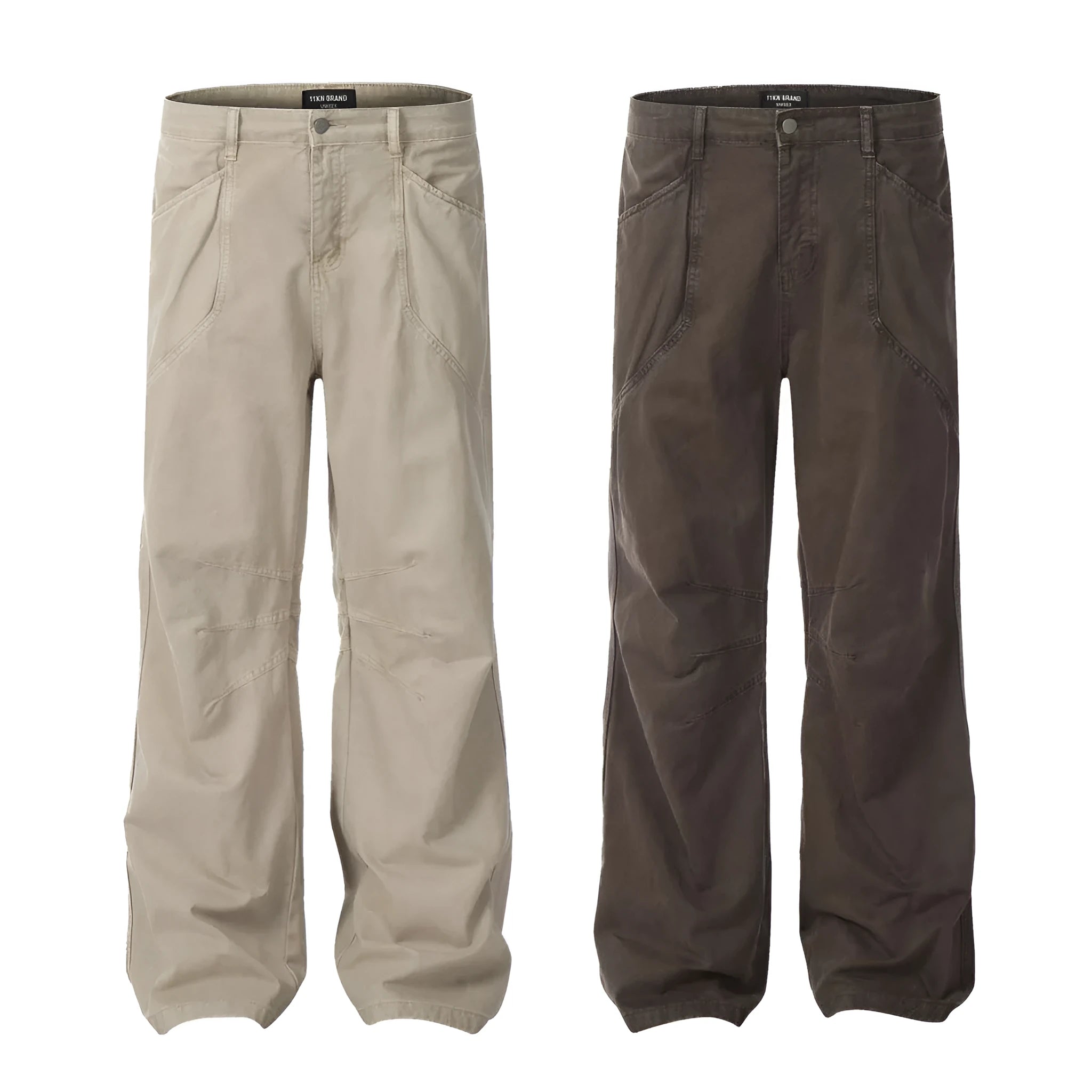 Men's brown straight leg cotton jeans with high waist and zipper fly closure