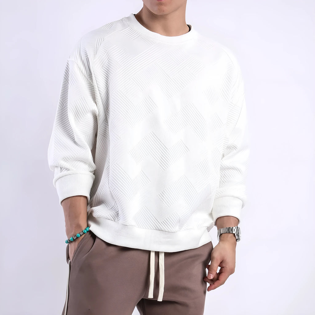 Men's army green twill Jacquard pullover sweater with round neck and long sleeves laid flat