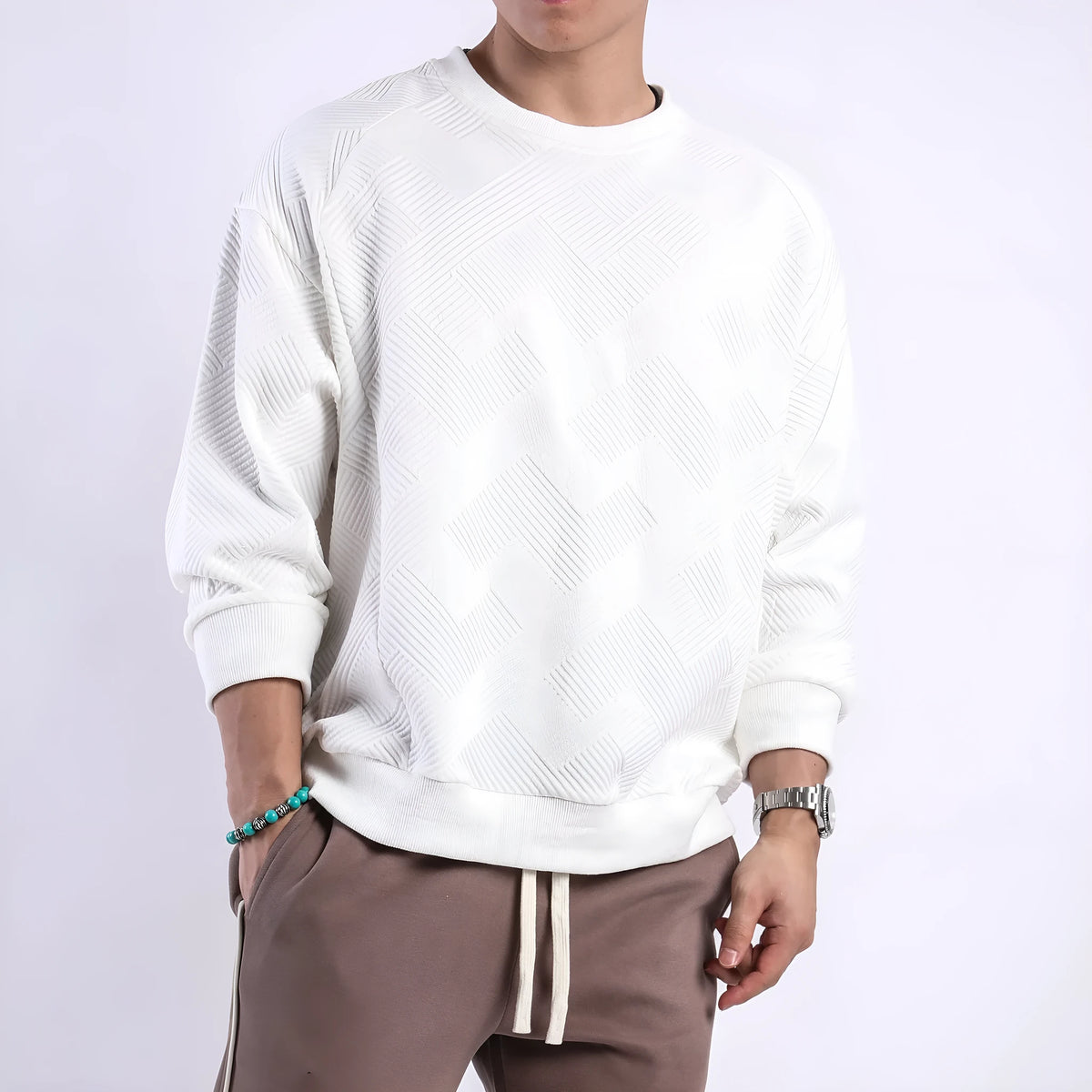 Men's army green twill Jacquard pullover sweater with round neck and long sleeves laid flat