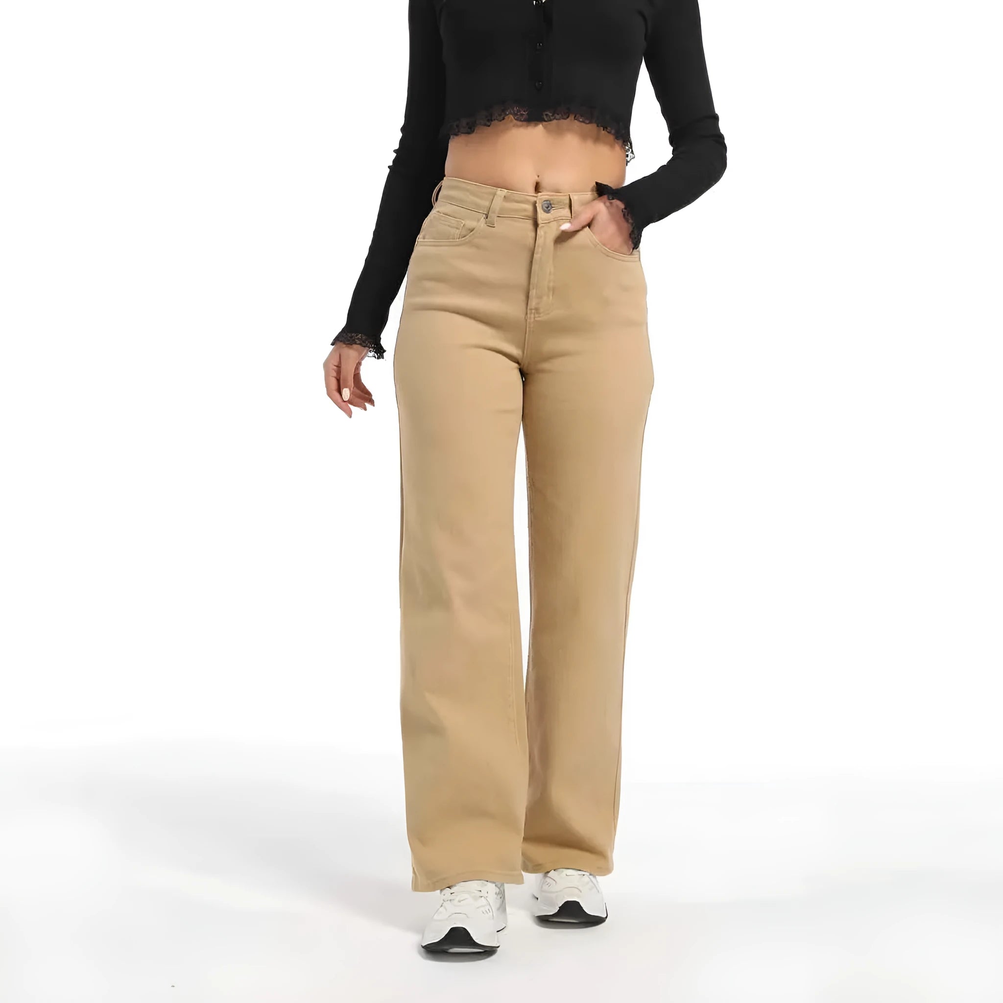 Women's high-waisted straight leg wide jeans in apricot colour on a hanger.