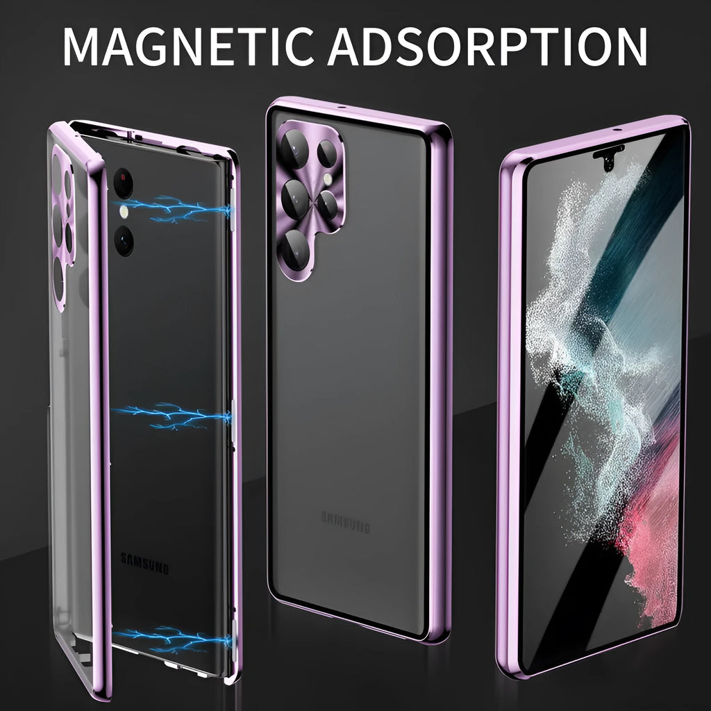 Magnetic mirror phone case with peep-proof screen for Samsung Galaxy S24 Ultra in black, showing magnetic backplate.
