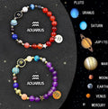 Two natural stone beaded bracelets with zodiac charms showing different astrological symbols
