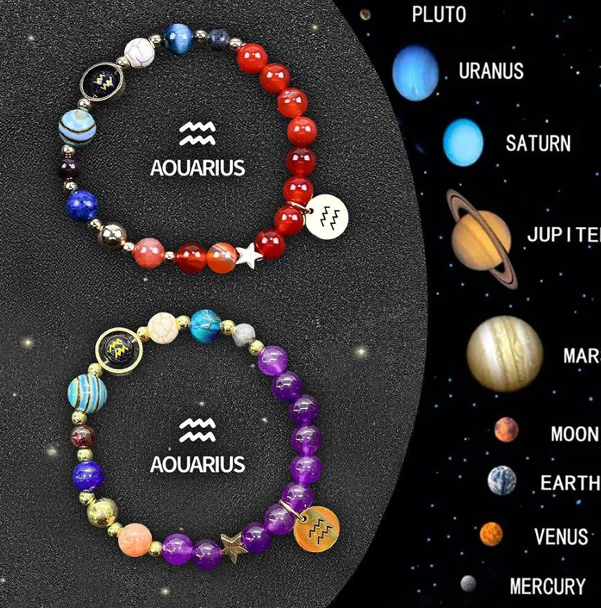 Two natural stone beaded bracelets with zodiac charms showing different astrological symbols