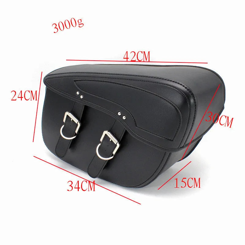Black retro PU leather motorcycle saddlebag mounted on a bike side.