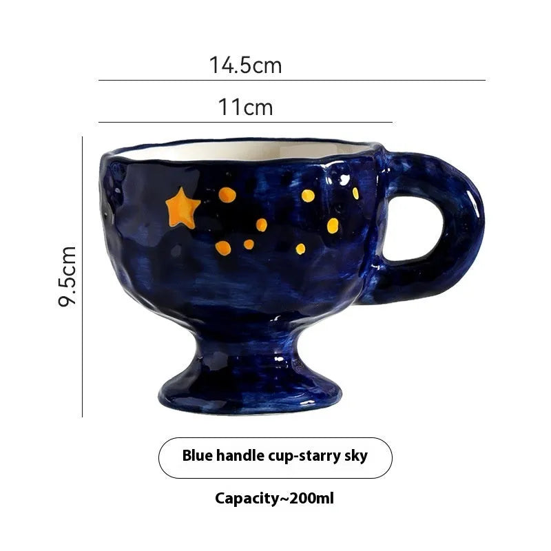 Hand-pinched irregular ceramic mug in a solid colour, shown from the side to display its unique shape.