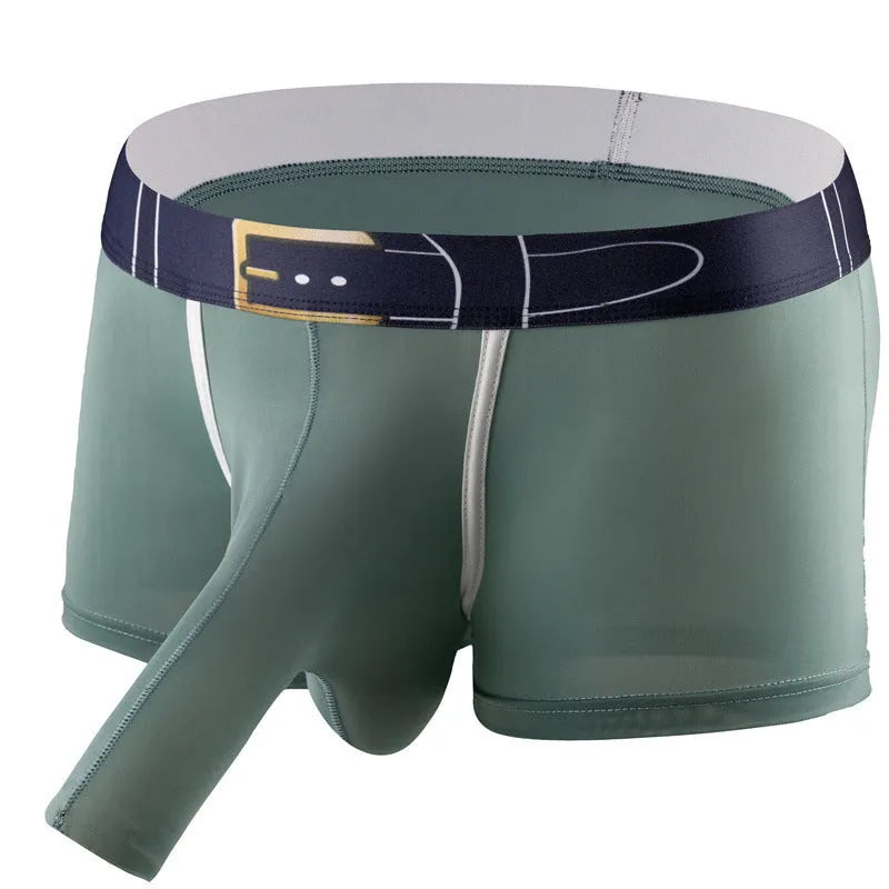 Men's solid colour ice silk boxer briefs on a grey background, showing the mid-waist design.