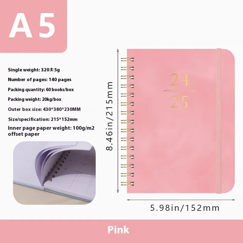 A5 size PU leather notebook with metal coil binding in a choice of colours including black, blue, brown, and pink.