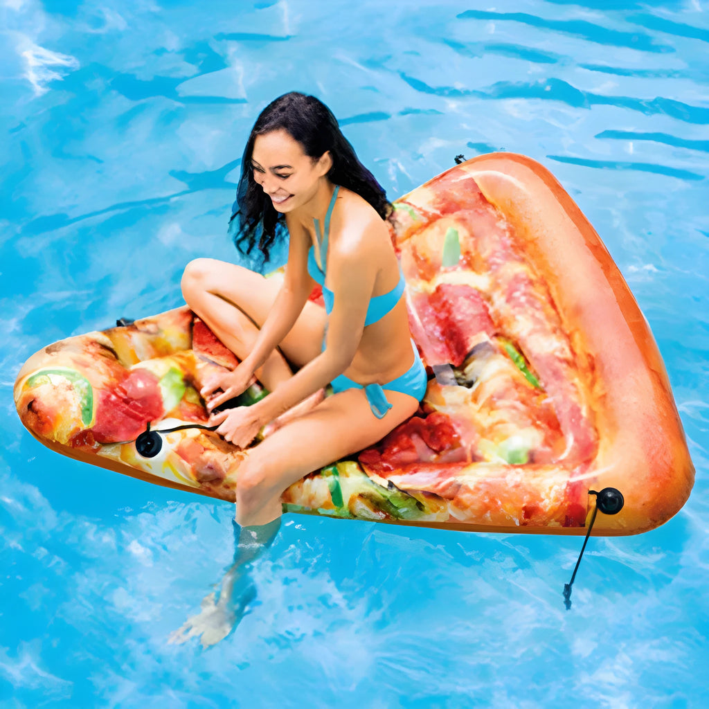 Pizza-themed inflatable surfboard recliner measuring 175cm for pool and beach use