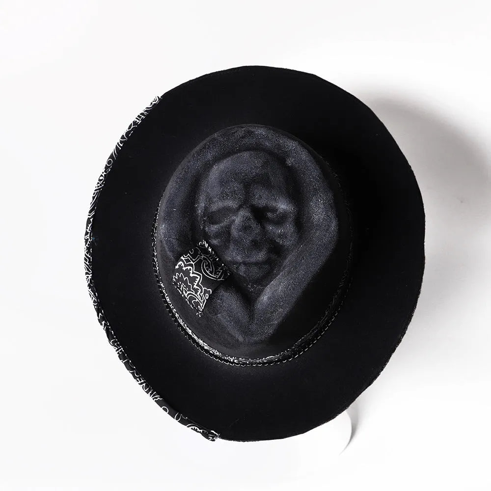 Handmade wool skull hat with conical crown design in Halloween style