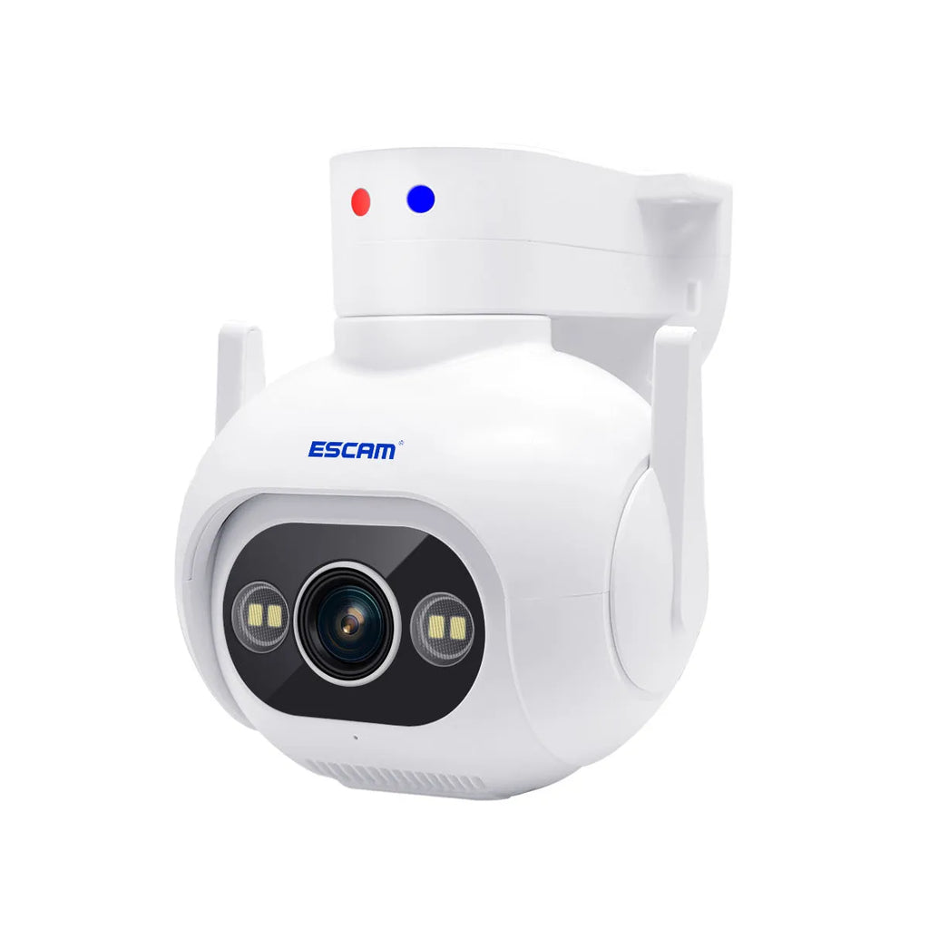 White plastic IP security camera with lens and wall mount bracket on a table.