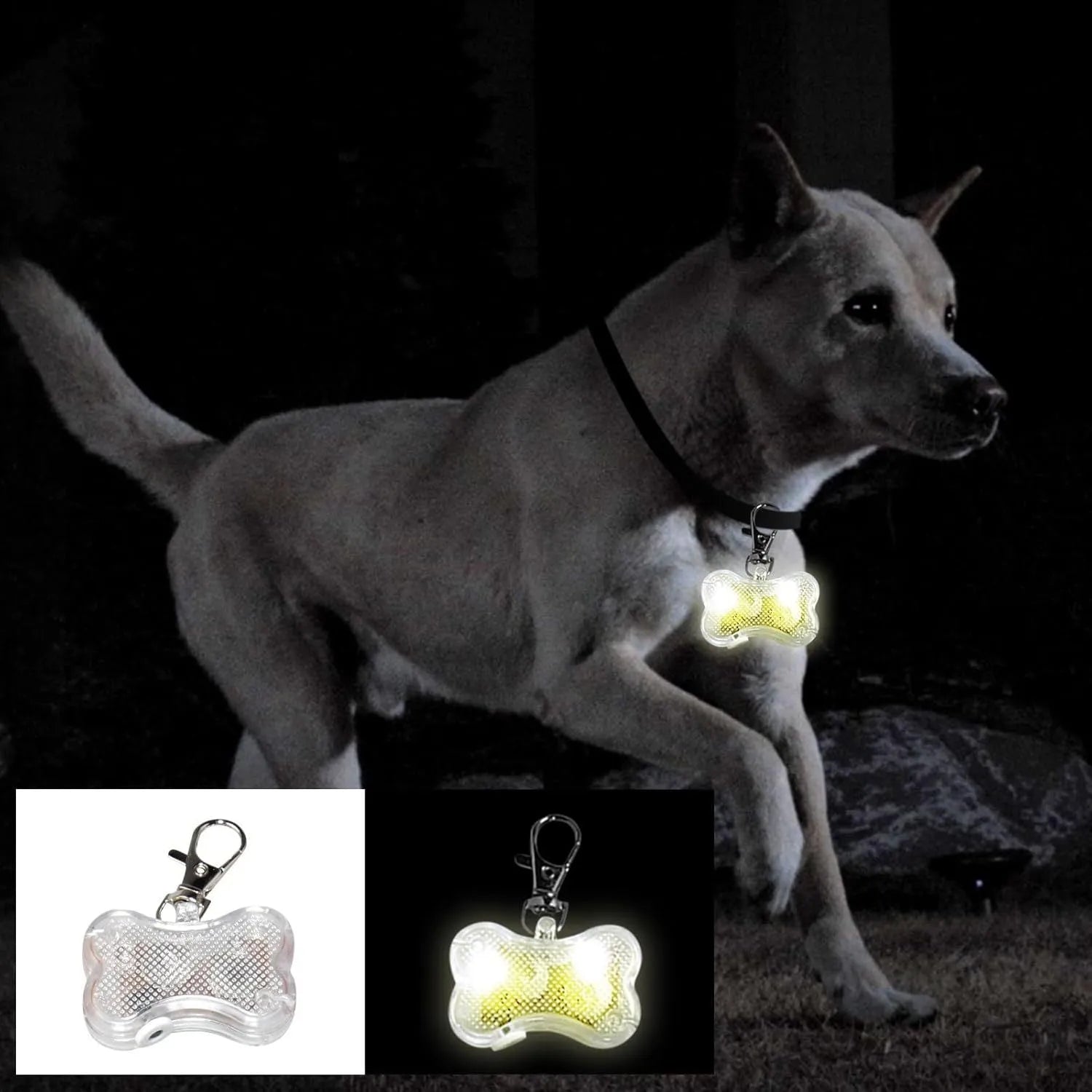 Plastic bone-shaped LED light pendant for attaching to a pet dog or cat collar.
