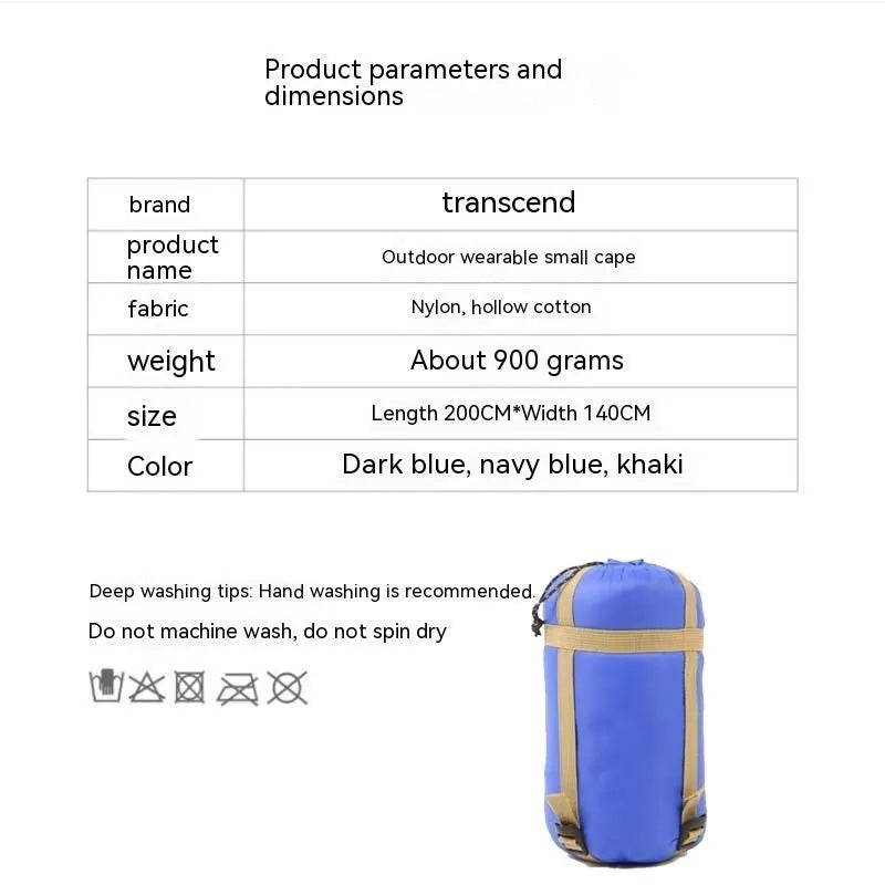 Outdoor cloak sleeping bag wearable blanket in army green with sleeves and 200x140cm dimensions