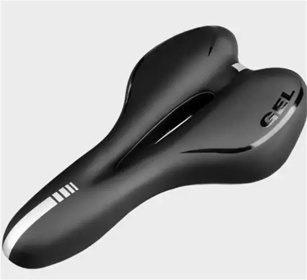 Bicycle saddle with black PU leather, showing spring suspension underside and included wrench and tyre patch.