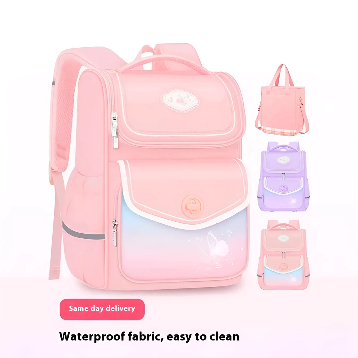 Pink large capacity waterproof girls schoolbag for primary school, shown alongside purple and green colour options.