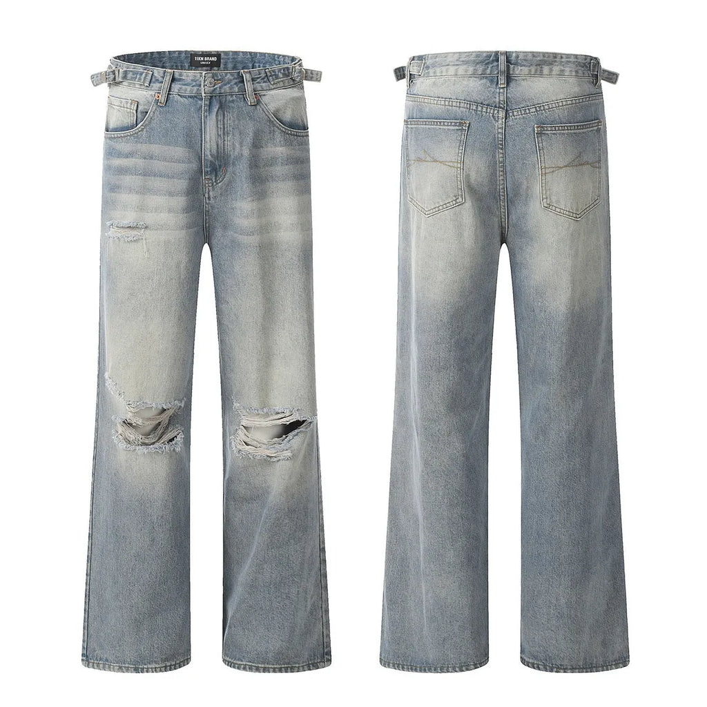 Blue straight-leg men's jeans with a zipper fly on a plain background.
