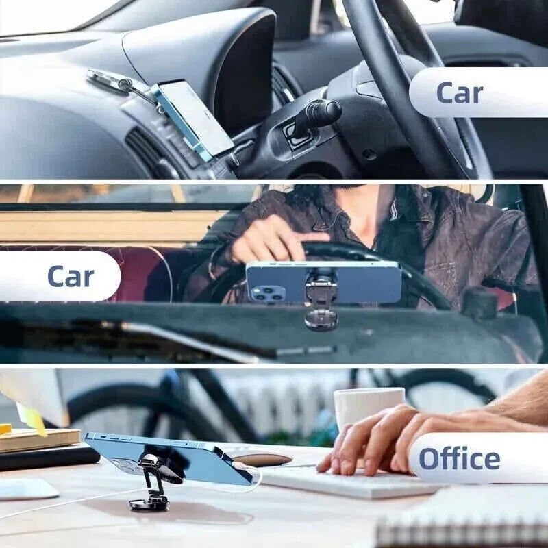 Chrome folding magnetic car phone holder shown extended and collapsed on a car dashboard.
