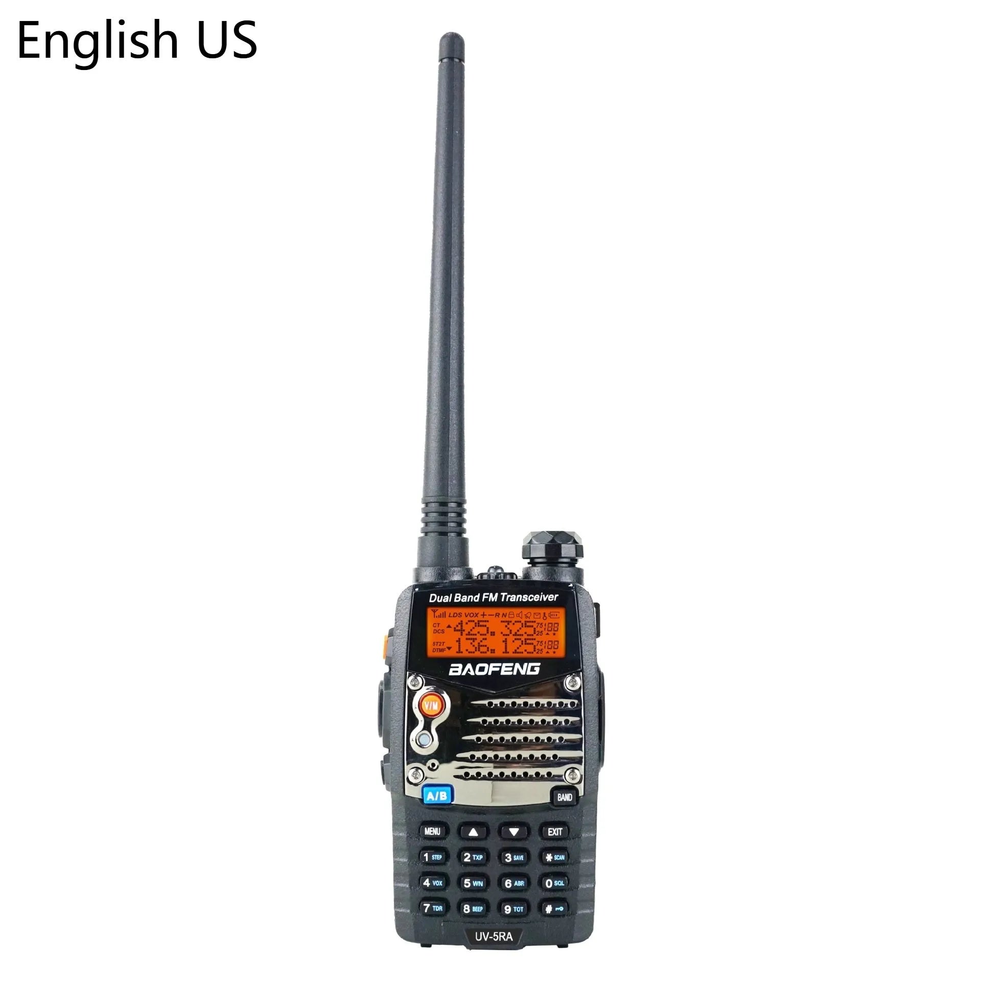 Baofeng UV-5RA handheld dual-band walkie-talkie radio with display screen and antenna.